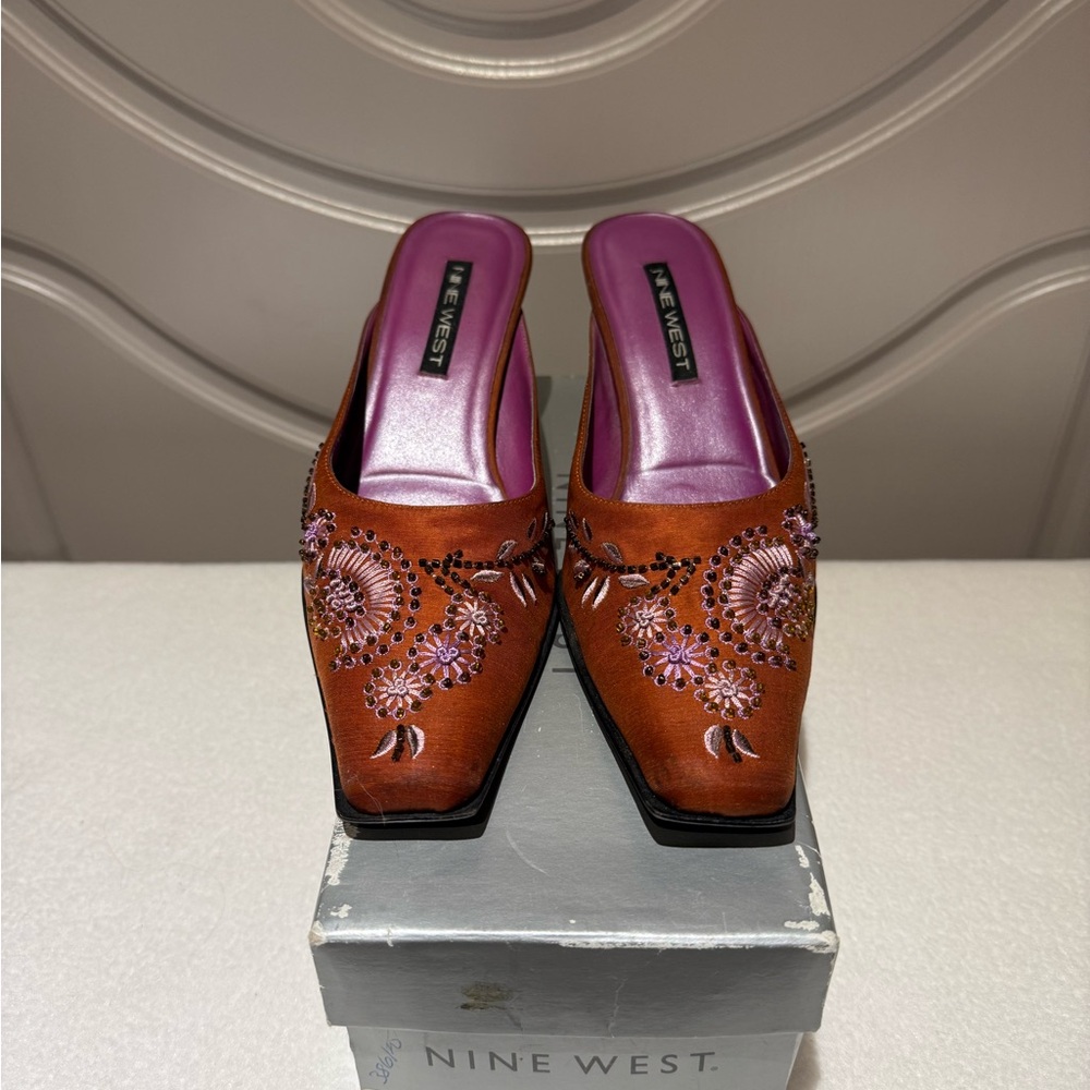 Nine West Women's Embroidered Brown Mules